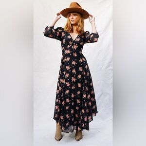 Free People Sea Glass black floral midi dress size 4 but runs little bigger